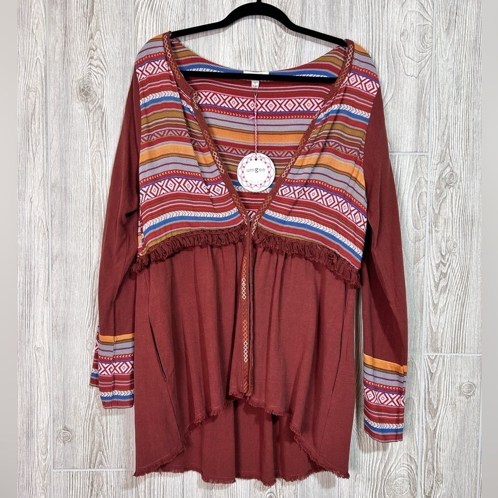 Umgee Boho Aztez Embroidered Open Front Cardigan Fringe and Raw Edge Hem…